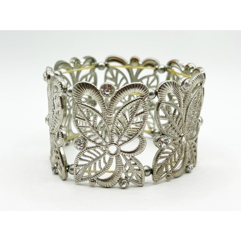 Vintage Silvertone Wide Stretch Floral Panel Bracelet